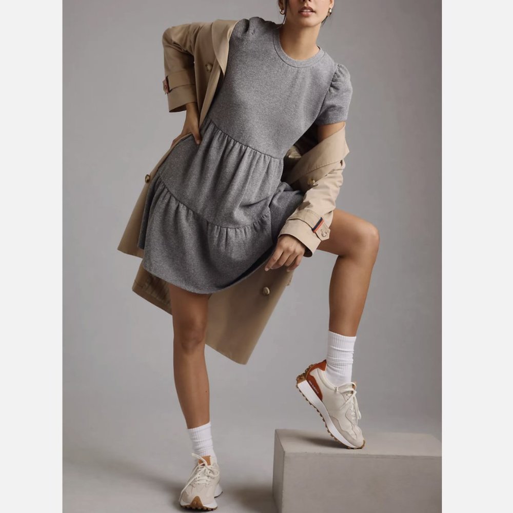 Anthropologie T.La Heather Grey Puff Short Sleeve Tiered Mini Dress
